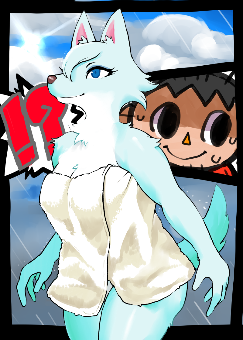 animal_crossing anthro blue_body blue_eyes blue_fur bodily_fluids breasts canid canine canis cleavage clothed clothing duo female female_focus fur human male mammal nintendo oasisu17 solo_focus sweat towel video_games villager_(animal_crossing) white_body white_fur whitney_(animal_crossing) wolf