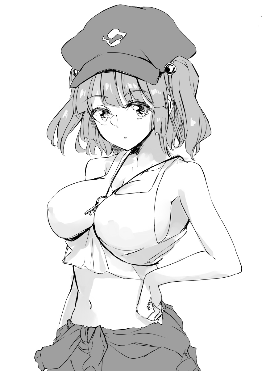 bangs bare_shoulders breasts clothes_around_waist covered_nipples deetamu greyscale hand_on_hip hat highres jewelry kappa kawashiro_nitori key large_breasts looking_at_viewer monochrome navel necklace no_bra shirt shirt_around_waist short_twintails sideboob tank_top touhou twintails