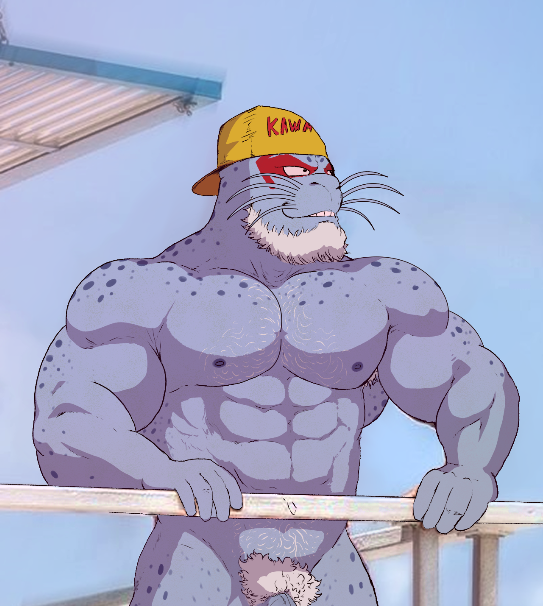 abs anthro beard biceps burrserk clothing facial_hair genitals hat headgear headwear male mammal muscular muscular_anthro muscular_male my_hero_academia nipples pecs penis pubes selkie_(my_hero_academia) solo summer teeth whiskers