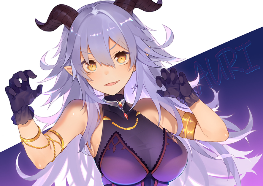 1girl armlet bangs black_gloves breasts character_name choker claw_pose cleavage copyright_request eyebrows_visible_through_hair fang gloves hair_between_eyes halterneck hase_neet jewelry long_hair looking_at_viewer medium_breasts pointy_ears purple_hair see-through solo upper_body virtual_youtuber yellow_eyes