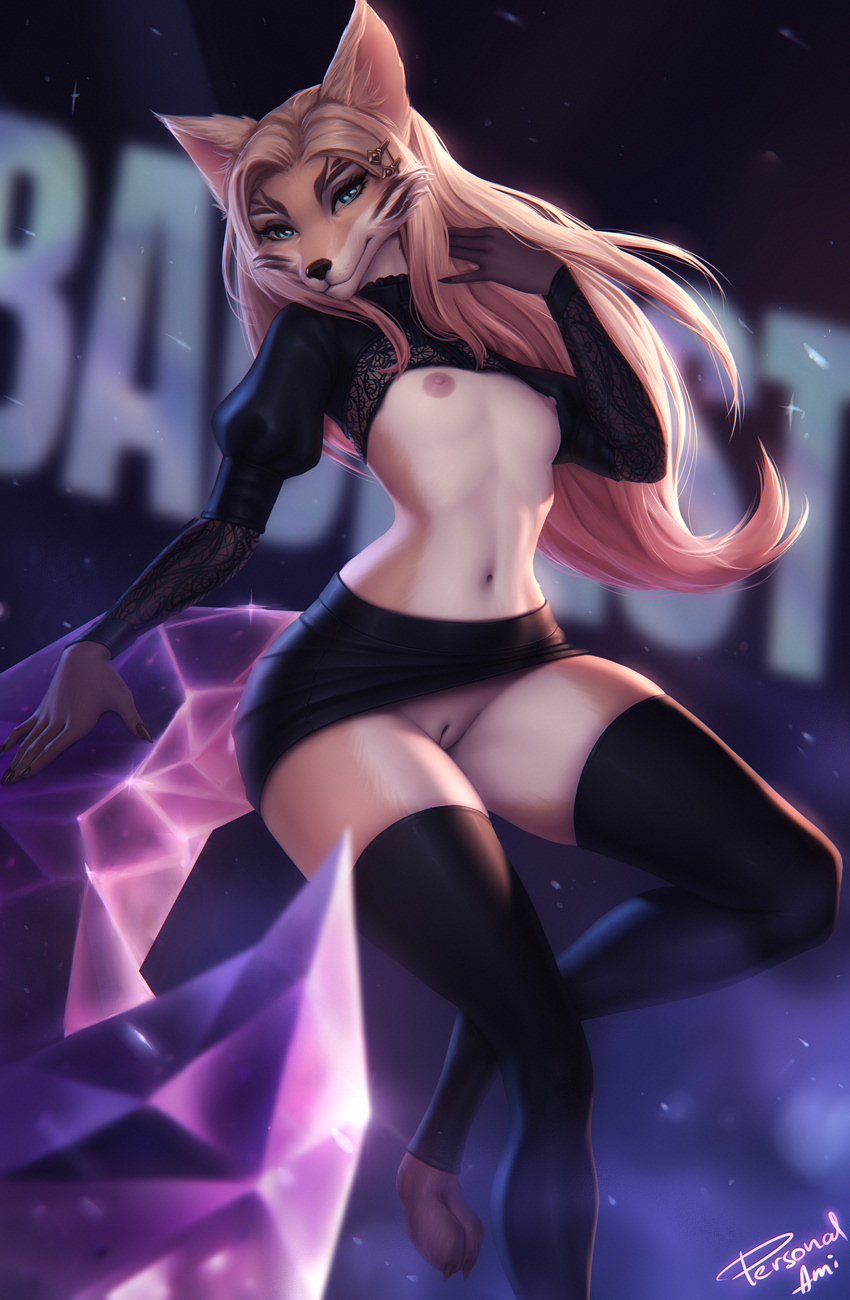 3_toes 5_fingers accessory ahri_(lol) anthro anthrofied areola black_clothing blonde_hair bottomwear breasts canid canine clothed clothing female fingers fox fur genitals hair hair_accessory hi_res league_of_legends legwear long_hair looking_at_viewer mammal navel nipples partially_clothed peach_pussy personalami pussy riot_games skirt small_breasts solo tan_body tan_fur tan_hair thigh_highs toes video_games