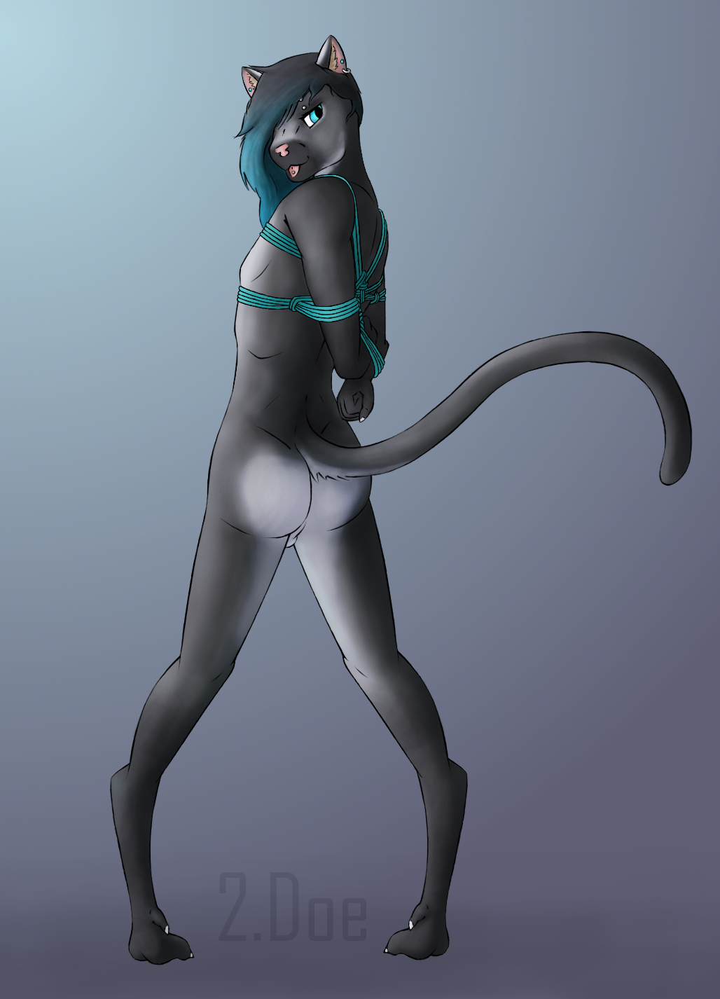 2.doe anthro arms_tied backsack balls bdsm bedroom_eyes blep blue_eyes blue_hair bondage bound butt_heart dyed-hair ear_piercing eyebrow_piercing facial_piercing felid feline genitals girly hair heart_marking hi_res highlights_(coloring) male mammal multiple_piercings narrowed_eyes piercing pose rear_view seductive simple_background smile solo standing tongue tongue_out tongue_piercing