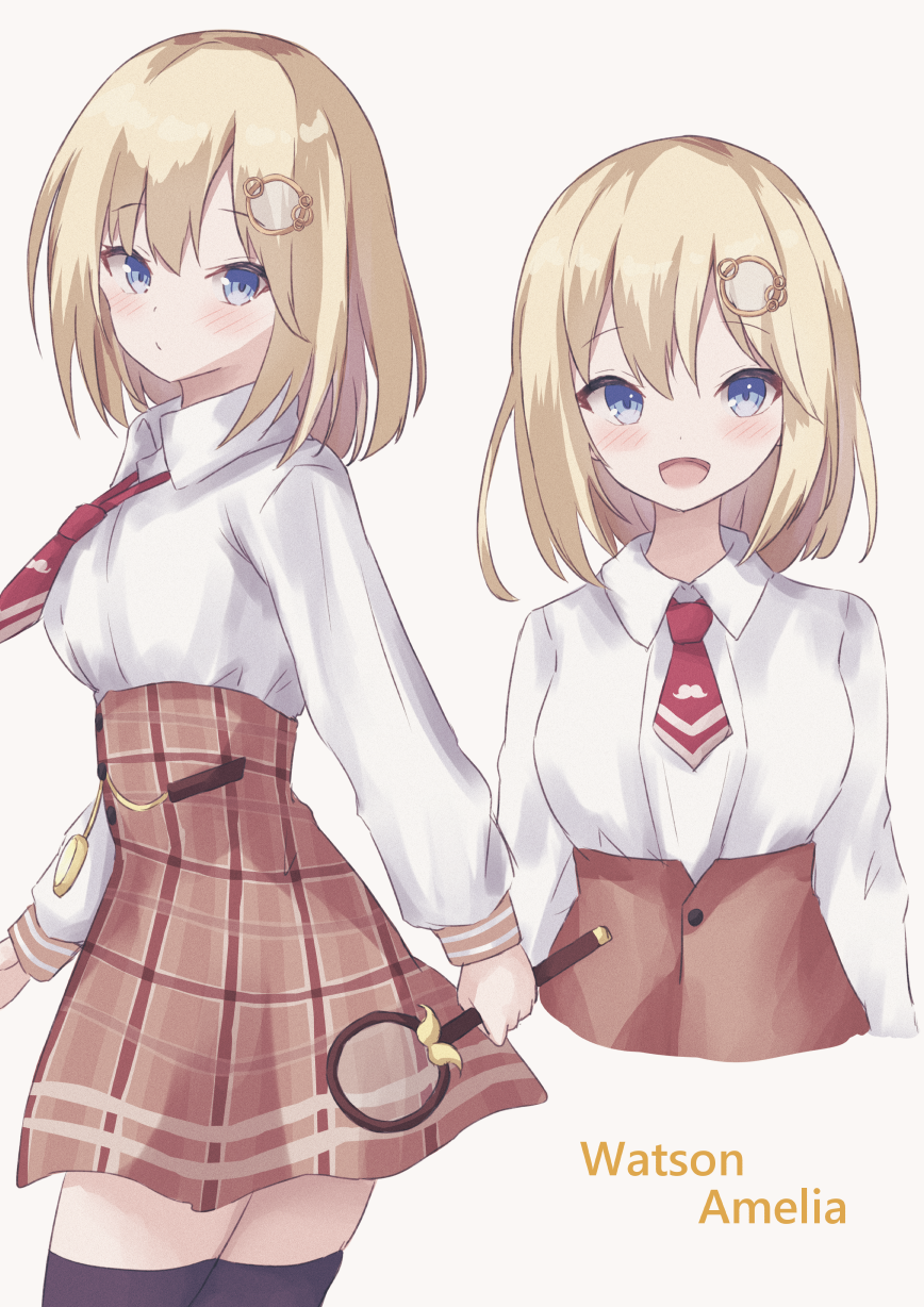 :d bangs blonde_hair blue_eyes bow breasts brown_bow brown_legwear brown_skirt collared_shirt cowboy_shot detective eyebrows_visible_through_hair from_side hair_ornament hayashi_maka high-waist_skirt highres holding holding_magnifying_glass hololive hololive_english light_blush long_sleeves looking_at_viewer medium_hair monocle monocle_hair_ornament multiple_views mustache_print necktie open_mouth plaid plaid_skirt pocket_watch pout red_neckwear shirt skirt smile standing straight_hair thighhighs upper_body virtual_youtuber watch watson_amelia white_background white_shirt