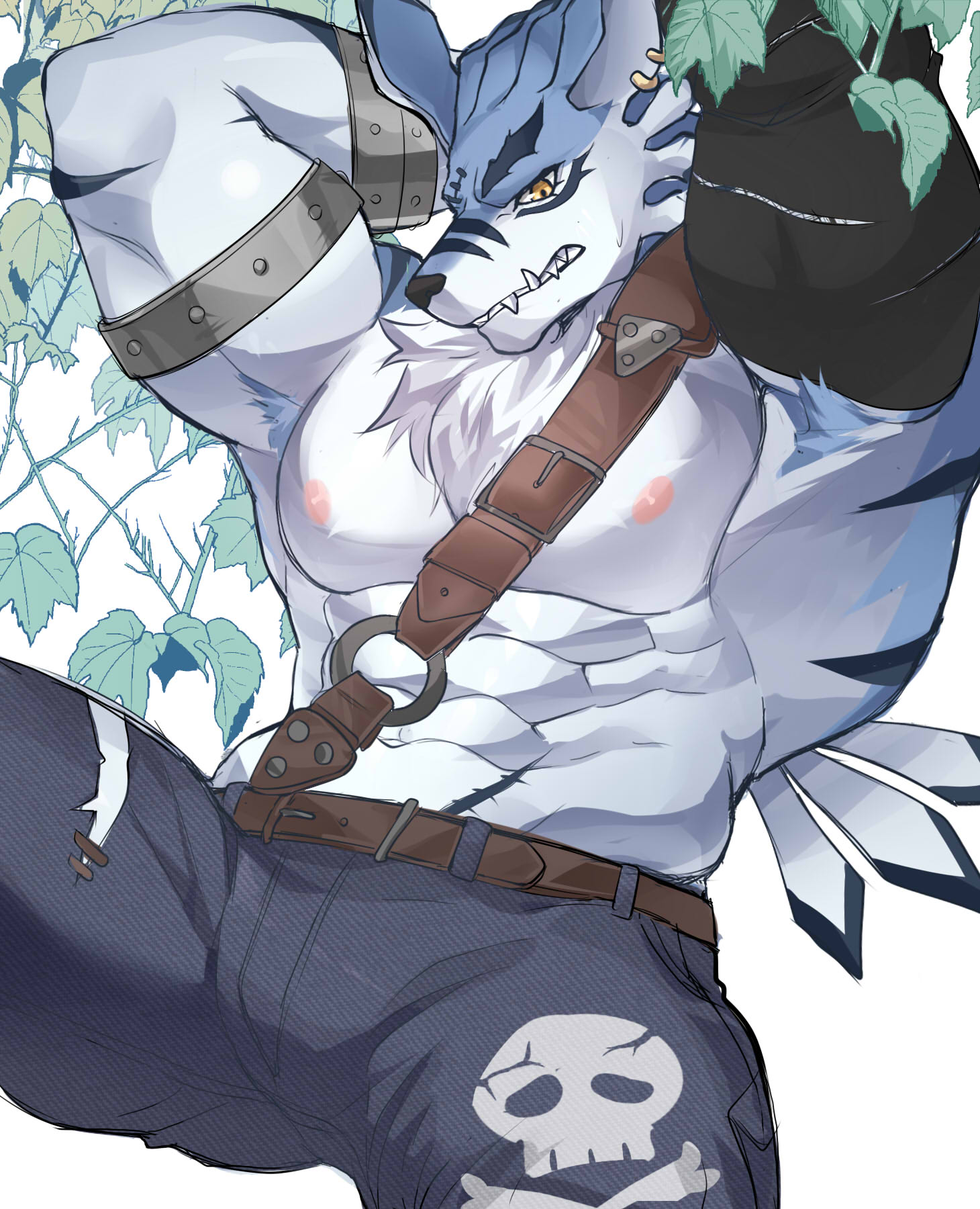 bottomwear canid canine canis chung0u0 clothing denim denim_clothing digimon digimon_(species) hand_on_head hi_res humanoid ivy_(plant) jeans leash male mammal muscular muscular_humanoid muscular_male nipples pants simple_background skull_and_crossbones solo weregarurumon white_background wolf
