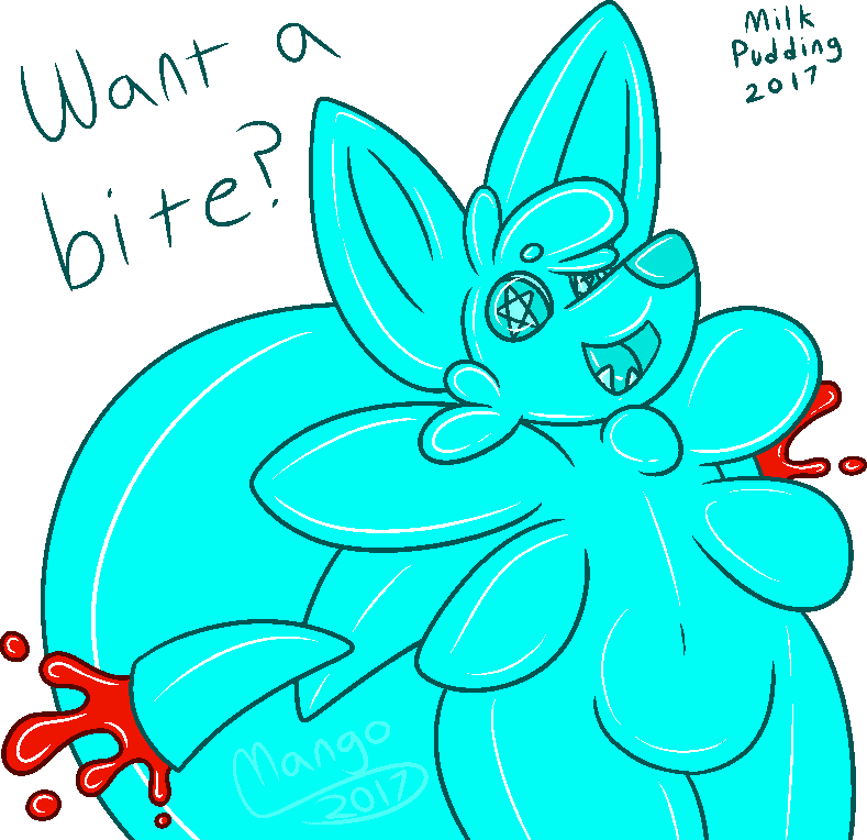 2017 alpha_channel amputation anthro azul_(character) blood blue_eyes candy candy_gore canine coyote cute_fangs food food_creature huge_tail jelly living_candy looking_at_viewer mammal milkpudding open_mouth signature simple_background slightly_chubby smile solo tongue transparent_background wounded