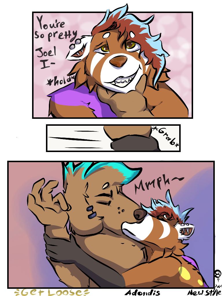 3:4 adondis ailurid anthro arm_grab canid canine canis comic comic_page damien_(adondis) dialogue domestic_dog ear_piercing hand_on_face happy highlights_(coloring) industrial_piercing joel_(adondis) kissing love male male/male mammal passionate passionate_kiss piercing red_panda romantic smile text