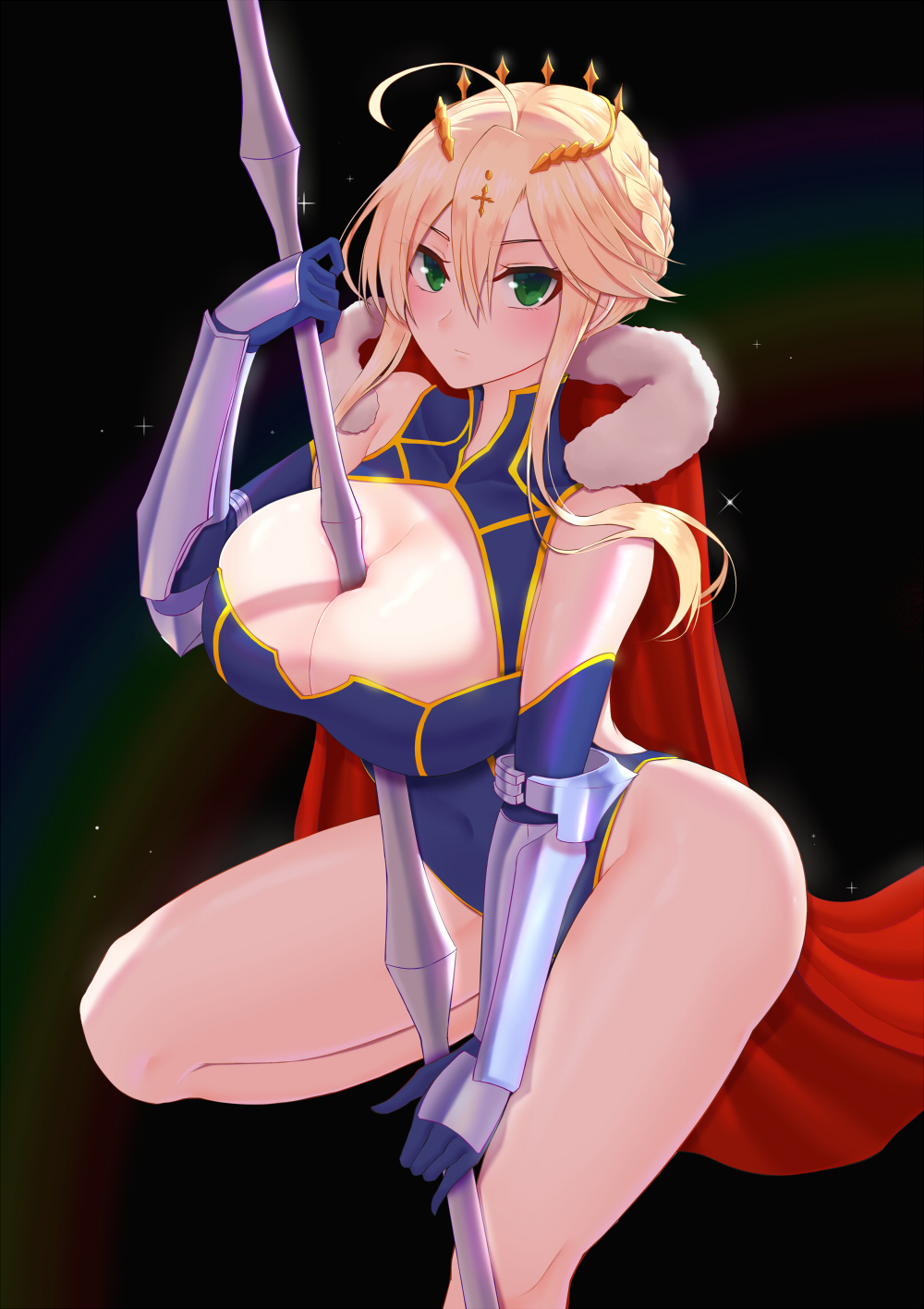 1girl ahoge artoria_pendragon_(all) artoria_pendragon_(lancer) between_breasts blonde_hair blue_gloves bracer braid breasts cape cleavage_cutout cloak clothing_cutout cross crown elbow_gloves fate/grand_order fate_(series) french_braid fur-trimmed_cloak fur_trim gloves gold_trim green_eyes highres huge_breasts looking_at_viewer mixed-language_commentary navel pao_mian+dan polearm red_cape rhongomyniad short_hair_with_long_locks sidelocks solo spear starry_background thighs weapon