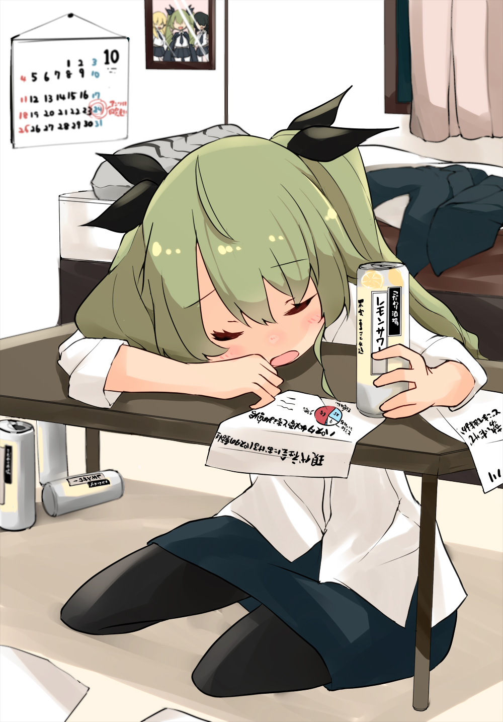 1girl anchovy_(girls_und_panzer) bangs barashiya bed bedroom beer_can black_legwear black_ribbon blue_skirt calendar_(object) can carpaccio_(girls_und_panzer) closed_eyes commentary curtains dress_shirt drill_hair drunk eyebrows_visible_through_hair girls_und_panzer green_hair hair_ribbon highres holding holding_can indoors long_hair long_sleeves miniskirt open_mouth pantyhose paper pencil_skirt pepperoni_(girls_und_panzer) picture_(object) ribbon shirt sitting skirt sleeping sleeves_rolled_up solo table twin_drills twintails untucked_shirt white_shirt yokozuwari
