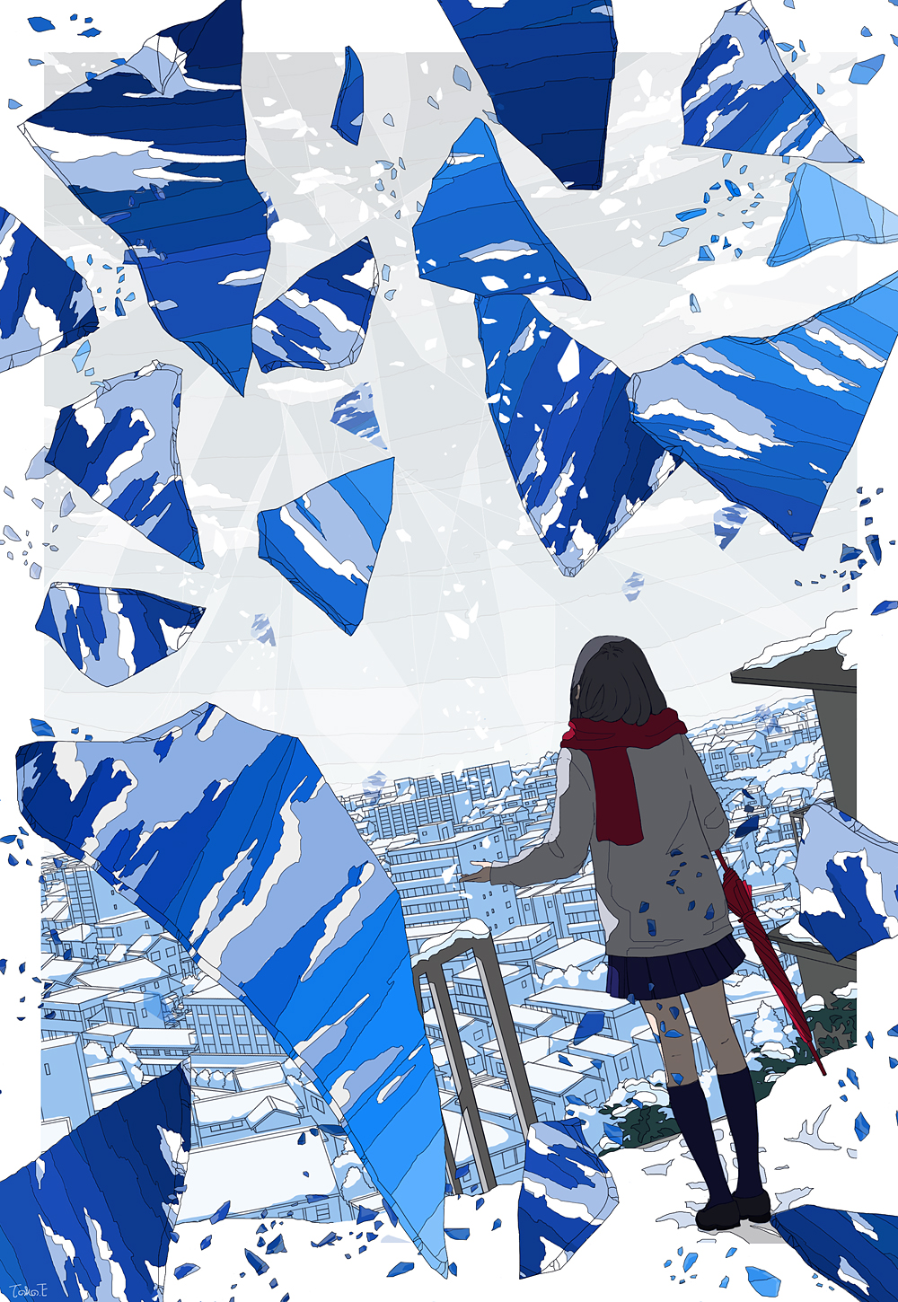 1girl black_hair black_legwear blue_theme cityscape commentary_request dutch_angle facing_away from_behind full_body highres ice jacket kneehighs miniskirt original red_scarf red_umbrella scarf scenery seraphitalg skirt sky snow solo standing umbrella