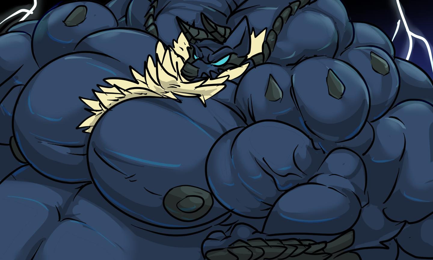 2019 5:3 anthro anthrofied belly big_belly big_muscles black_nipples capcom chest_tuft fanged_wyvern fierglief flexing horn huge_muscles hyper hyper_belly hyper_muscles male monster_hunter musclegut muscular muscular_anthro muscular_male nipples solo tuft video_games zinogre