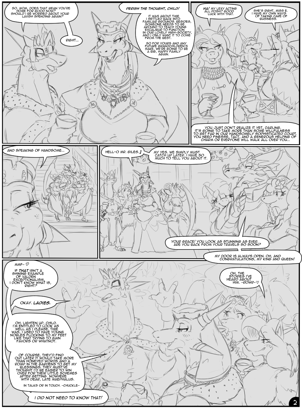 anthro beverage breasts clothed clothing comic crown daughter dialogue dragon drake_(zerofox) english_text excalibur_(zerofox) female fluffy furred_wings giles_(zerofox1000) hi_res inside jewelry king male male/female monochrome mother mother_and_child mother_and_daughter mother_and_son necklace parent parent_and_child party queen romantic_couple royalty scalie son speech_bubble text topwear wedding window wings zerofox1000