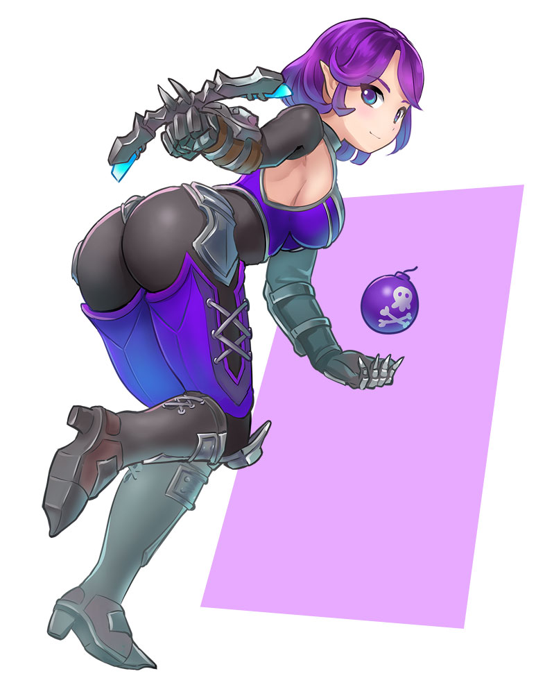 1girl armor ass bangs bent_over black_bodysuit bodysuit bomb boots bow_(weapon) breasts closed_mouth crossbow from_behind full_body greaves hand_up himeshaga holding holding_weapon knee_boots looking_at_viewer looking_back medium_breasts paladins pink_background pointy_ears purple_eyes purple_hair short_hair skull_and_crossbones skull_print skye_(paladins) smile solo thighhighs weapon white_background