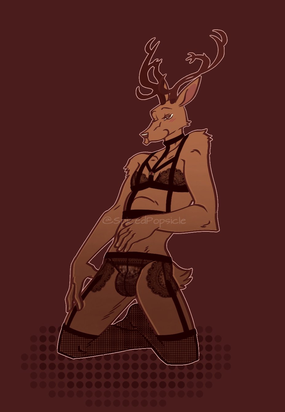 2020 anthro beastars bedroom_eyes bra brown_body brown_fur cervid cervine clothed clothing crossdressing fur half-closed_eyes hand_on_leg hand_on_stomach hand_on_thigh harness hi_res kneeling legwear lingerie louis_(beastars) male mammal narrowed_eyes panties red_deer seductive solo spicedpopsicle stockings underwear