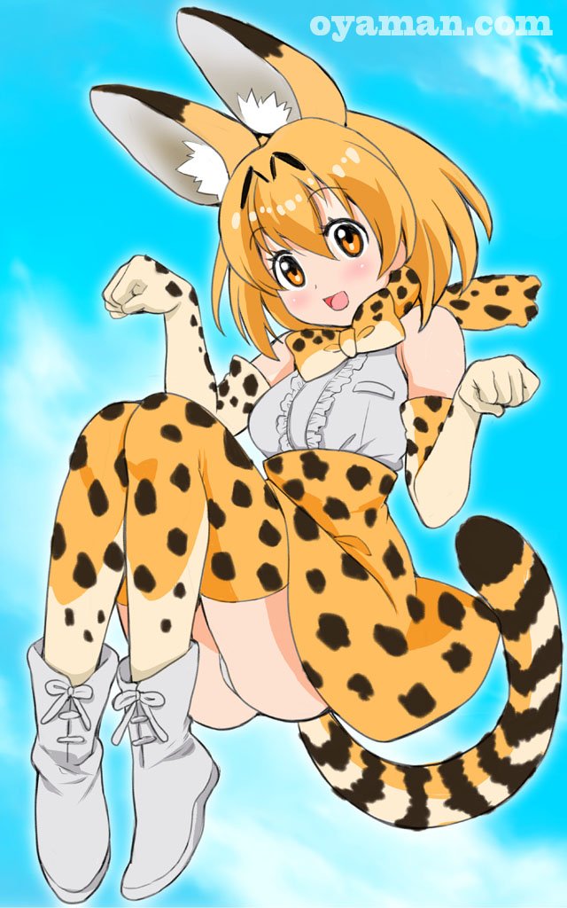 1girl :d animal_ear_fluff animal_ears ankle_boots bangs blonde_hair blue_sky boots bow cloud cloudy_sky commentary_request day eyebrows_visible_through_hair floating gloves high-waist_skirt kemono_friends legs_up looking_at_viewer medium_hair miniskirt open_mouth outdoors oyaman panties pantyshot partial_commentary paw_pose print_bow print_gloves print_neckwear print_skirt serval_(kemono_friends) serval_ears serval_print serval_tail shirt skirt sky sleeveless sleeveless_shirt smile solo striped_tail tail underwear watermark web_address white_footwear white_gloves white_panties white_shirt yellow_eyes yellow_legwear yellow_neckwear yellow_skirt