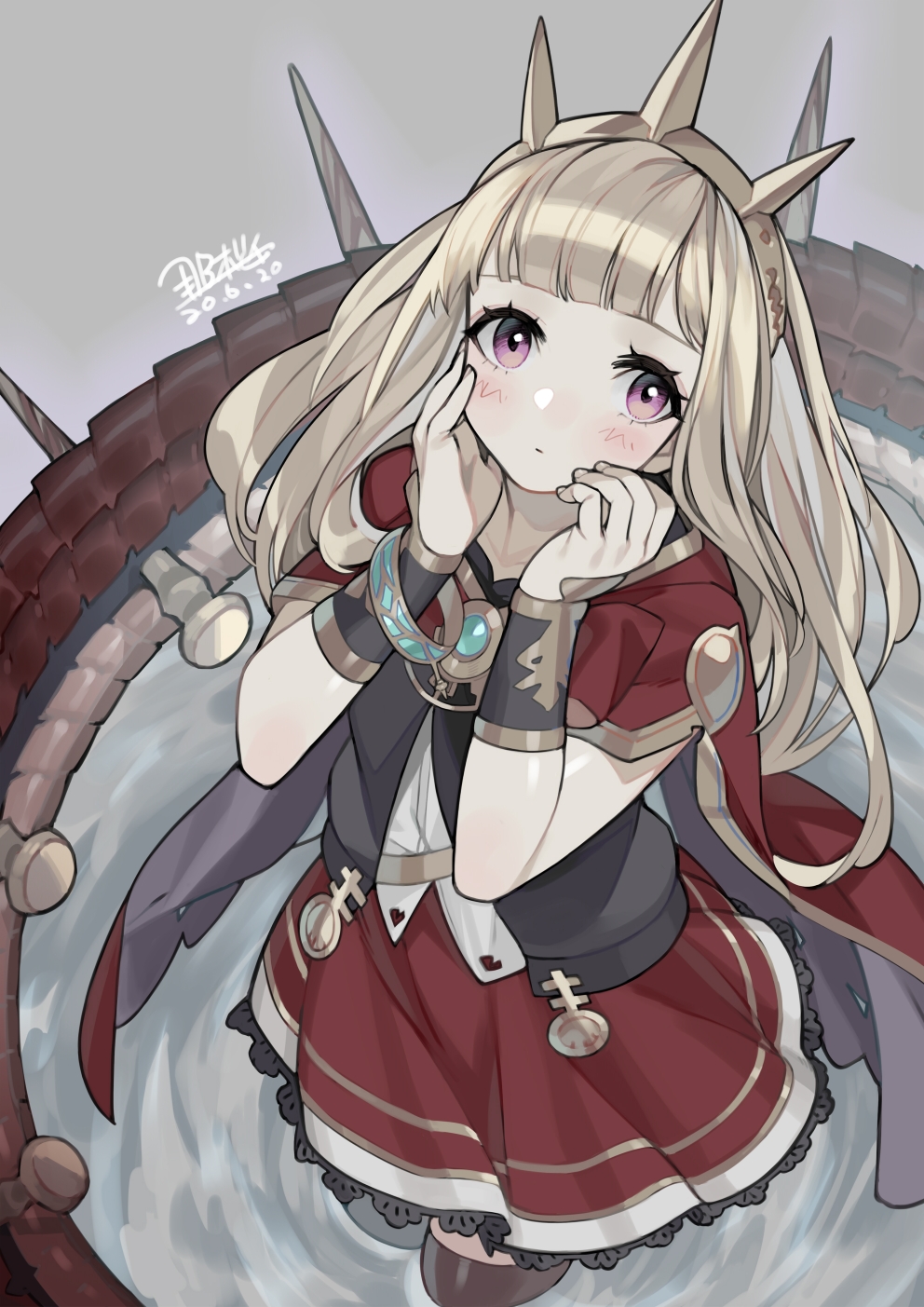 1girl bangs blonde_hair blue_eyes blush bracelet brooch cagliostro_(granblue_fantasy) cape capelet cloak closed_mouth dress frilled_dress frills granblue_fantasy hairband hands_on_own_cheeks hands_on_own_face highres jewelry long_hair looking_at_viewer purple_hair seyana