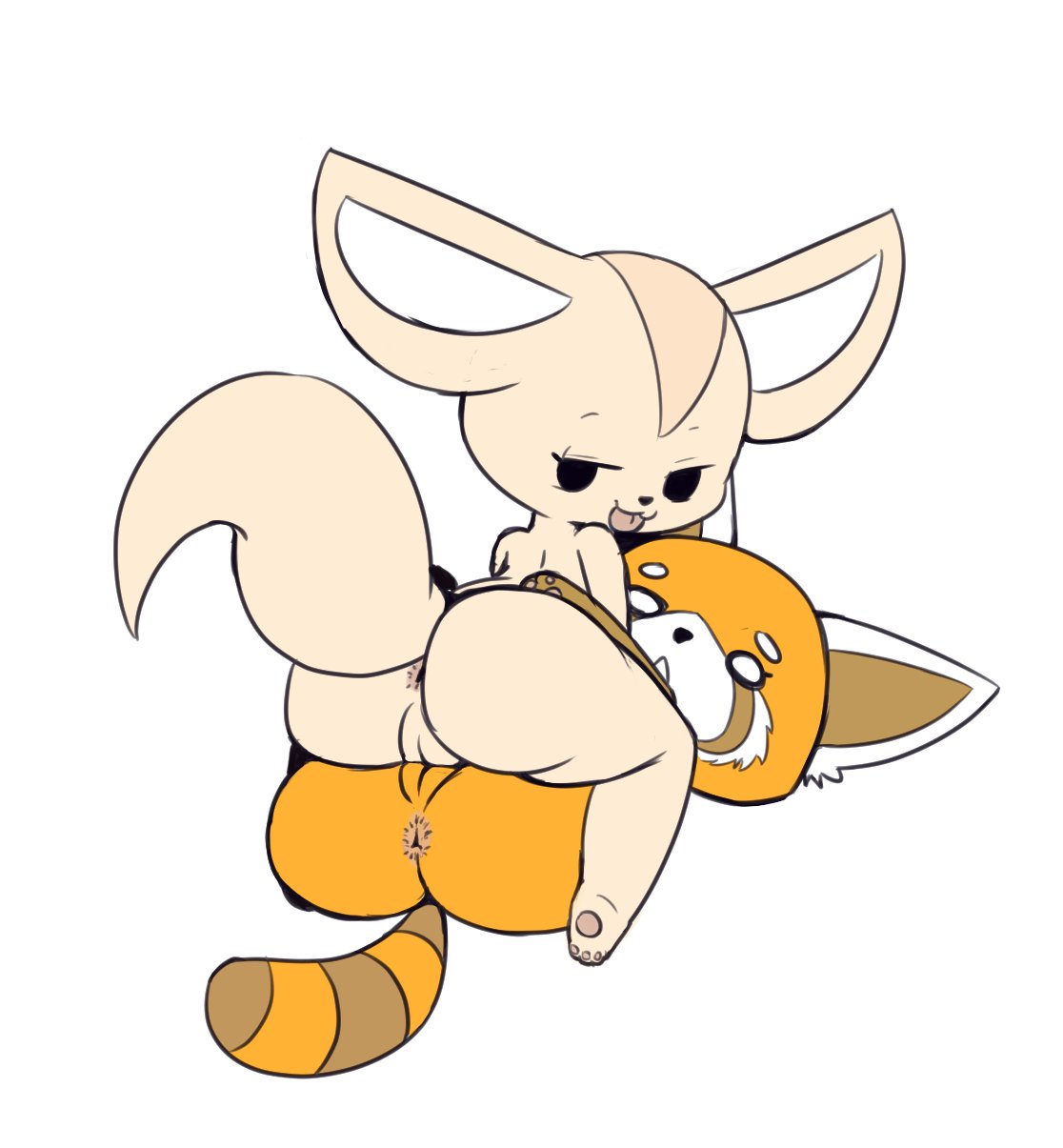aggressive_retsuko ailurid anthro anus big_butt black_nose brown_body brown_fur butt canid canine duo female female/female female_on_bottom female_on_top fennec fenneko fox fur genitals hi_res looking_back mammal nude o_o on_bottom on_top orange_body orange_fur paws pussy rear_view red_panda retsuko sanrio sex simple_background smile striped_tail stripes tan_body tan_fur tongue tongue_out tribadism vaginal vono white_background worried