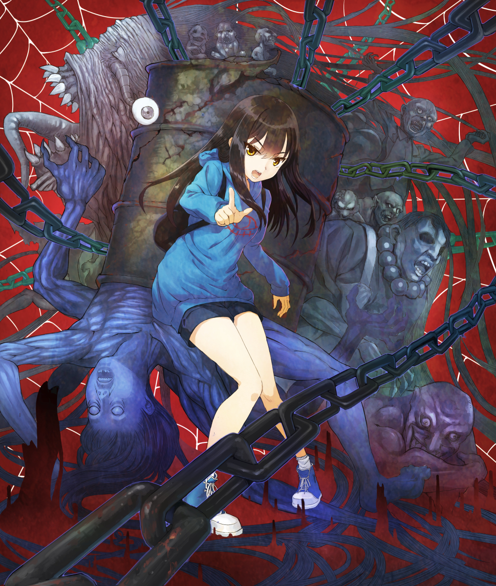 1girl black_hair chain drum_(container) full_body ghost highres hirokiku hood hoodie long_hair looking_at_viewer mieruko-chan monster open_mouth pointing pointing_at_viewer shoes silk sneakers solo spider_web teeth yellow_eyes yotsuya_miko