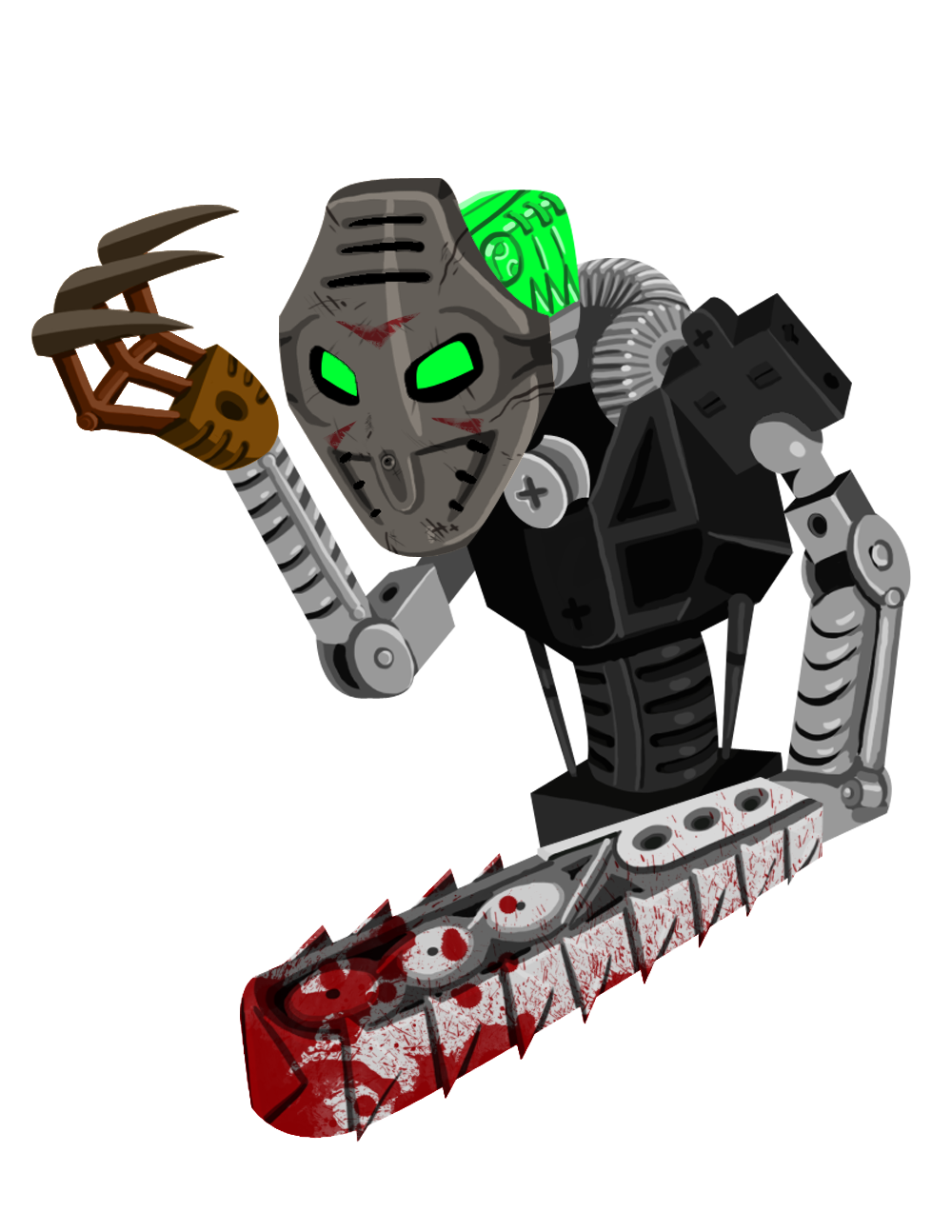 2016 3_fingers alpha_channel armor bionicle black_body blood bodily_fluids chainsaw chainsaw_arm chainsaw_sword claws damaged digital_drawing_(artwork) digital_media_(artwork) fingers friday_the_13th gears green_eyes grey_body halloween hi_res hockey_mask holidays humanoid jason_voorhees lego looking_at_viewer machine mask mouthless multicolored_body not_furry onua power_tool robot robot_humanoid rubtox scratches simple_background sports_mask sportswear toa tools transparent_background two_tone_body weapon