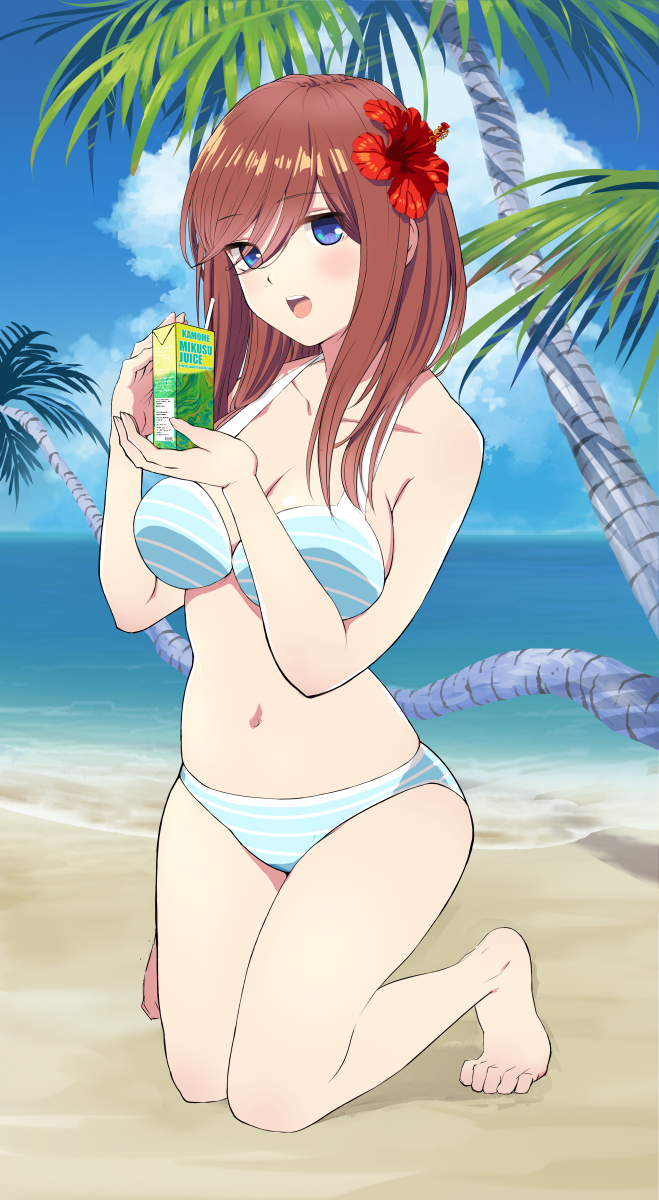 1girl barefoot beach bikini breasts brown_hair day drinking_straw flower full_body go-toubun_no_hanayome hair_flower hair_ornament highres hirokiku juice kneeling large_breasts looking_at_viewer nakano_miku navel ocean open_mouth outdoors palm_tree solo swimsuit toes tree tropical