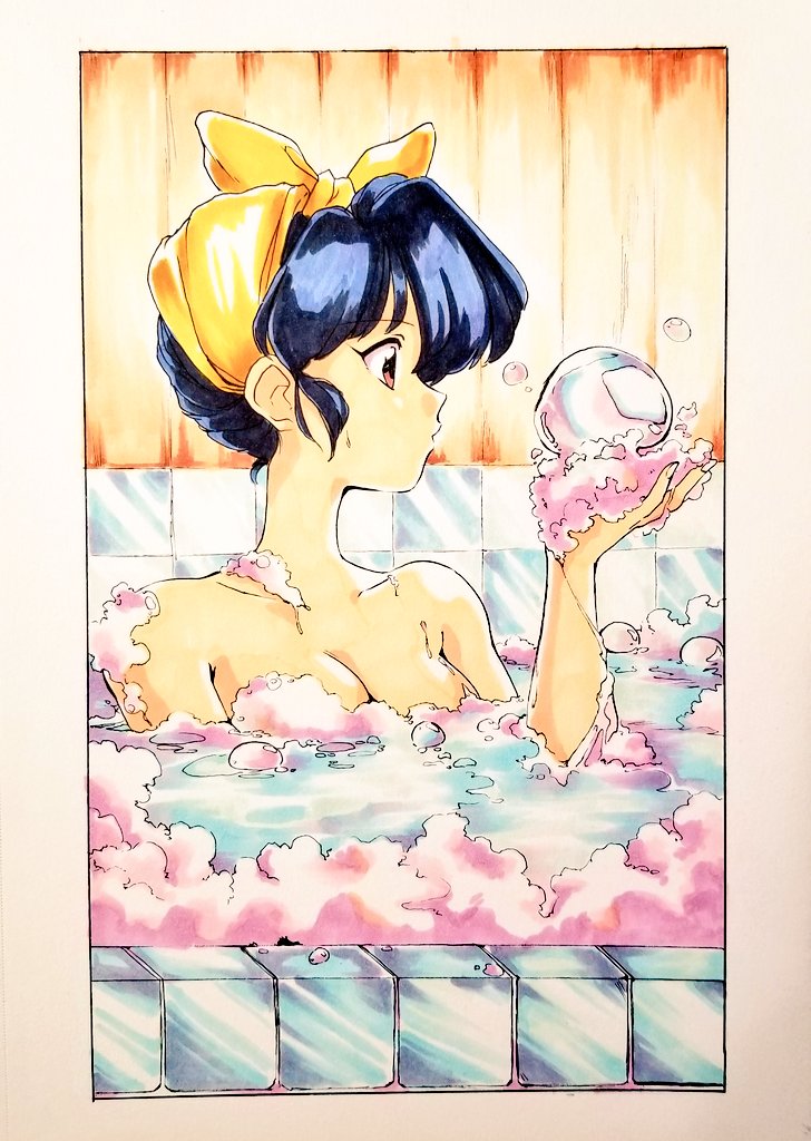 1980s_(style) 1girl bathing black_hair breasts brown_eyes bubble_blowing cleavage english_commentary from_side harleequeen oldschool original solo tied_hair