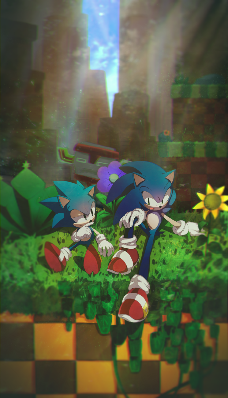 2boys animal_nose black_eyes commentary dual_persona flower furry gloves grass green_eyes green_hill_zone highres icen-hk looking_at_another male_focus multiple_boys open_mouth red_footwear shoes sitting sneakers sonic sonic_generations sonic_the_hedgehog sunflower totem_pole white_gloves