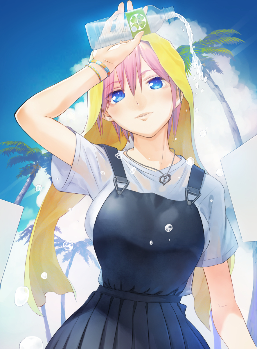 1girl blue_eyes bottle commentary_request day from_below go-toubun_no_hanayome highres hirokiku jewelry nakano_ichika necklace outdoors palm_tree parted_lips short_hair short_sleeves sky towel towel_on_head tree upper_body water water_bottle
