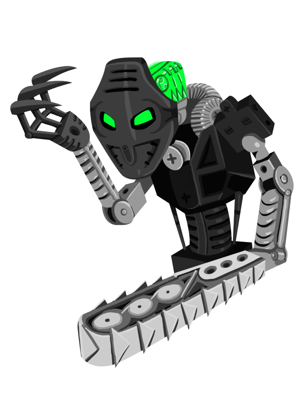 2016 3_fingers alpha_channel ambiguous_gender armor bionicle black_body chainsaw chainsaw_arm chainsaw_sword claws digital_drawing_(artwork) digital_media_(artwork) fingers gears green_eyes grey_body hi_res humanoid lego looking_at_viewer machine mask mouthless multicolored_body not_furry onua power_tool robot robot_humanoid rubtox simple_background solo toa tools transparent_background two_tone_body weapon