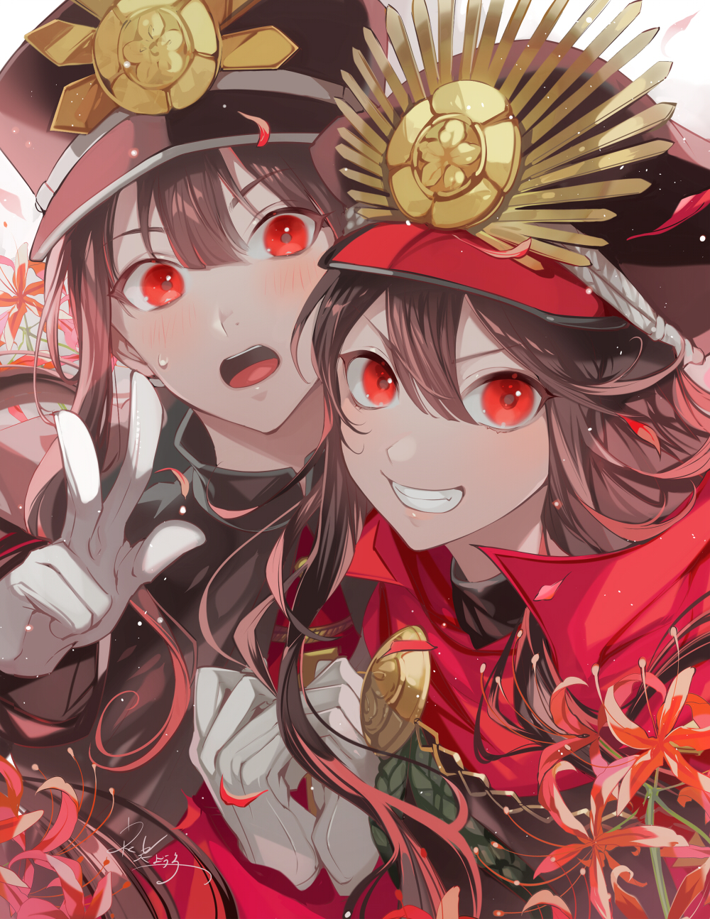 1boy 1girl bangs black_jacket breasts brother_and_sister brown_hair brown_headwear cape commentary_request eyebrows_behind_hair family_crest fate/grand_order fate_(series) flower gloves grin hair_between_eyes hat highres jacket koha-ace long_hair looking_at_viewer matsurika_youko oda_nobukatsu_(fate/grand_order) oda_nobunaga_(fate) oda_nobunaga_(fate)_(all) oda_uri open_mouth peaked_cap petals red_cape red_eyes red_flower siblings smile spider_lily sweat v-shaped_eyebrows w white_gloves