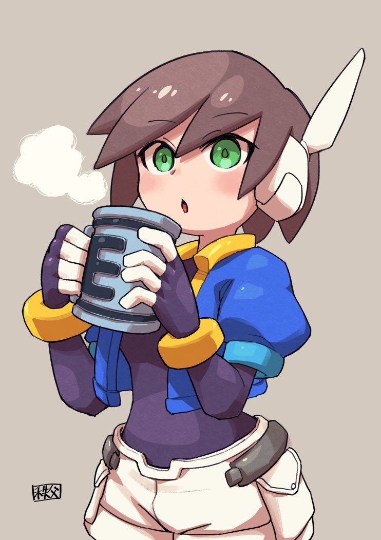 1girl :o aile artist_name blush bodystocking bodysuit bracelet brown_hair chichibu_(chichichibu) coffee_mug cropped_jacket cup energy_tank gloves green_eyes jewelry mug robot_ears rockman rockman_zx short_hair shorts spandex steam white_shorts