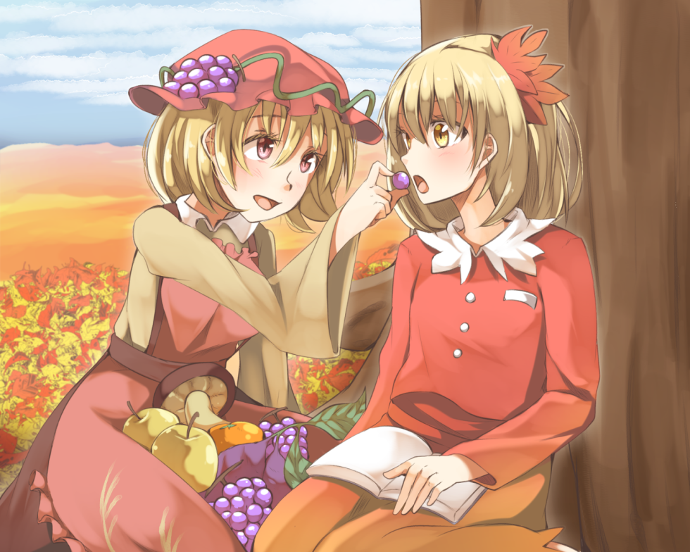 2girls against_tree aki_minoriko aki_shizuha apple apron apron_basket autumn autumn_leaves black_skirt blonde_hair blue_sky book book_on_lap brown_shirt cloud commentary day eggplant eyebrows_visible_through_hair feeding food food_themed_hair_ornament fruit grape_hair_ornament grapes hair_between_eyes hair_ornament hat holding holding_food holding_fruit leaf_hair_ornament long_sleeves mob_cap multiple_girls mushroom open_book open_mouth orange_skirt outdoors persimmon red_apron red_eyes red_headwear red_shirt shirt short_hair shuga_(soranote) siblings sisters sitting skirt sky touhou tree under_tree wariza wide_sleeves yellow_eyes