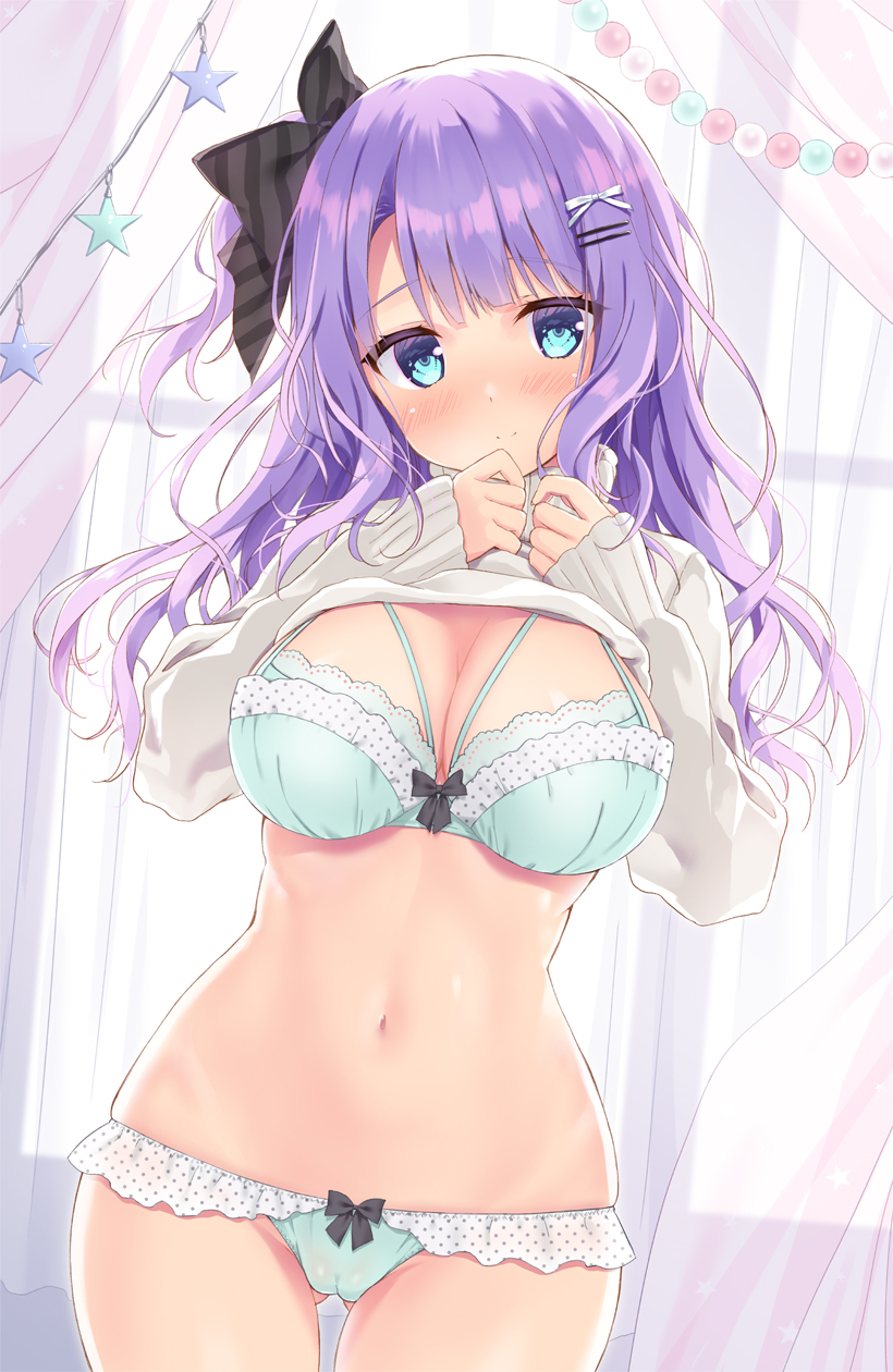 1girl aqua_bra aqua_panties ass_visible_through_thighs blue_eyes blush bow bra breasts cameltoe cleavage clothes_lift cowboy_shot embarrassed grey_sweater hair_bow hair_ornament hairclip highres large_breasts long_hair long_sleeves looking_at_viewer navel no_pants one_side_up original panties purple_hair ryouka_(suzuya) solo stomach sweater sweater_lift underwear