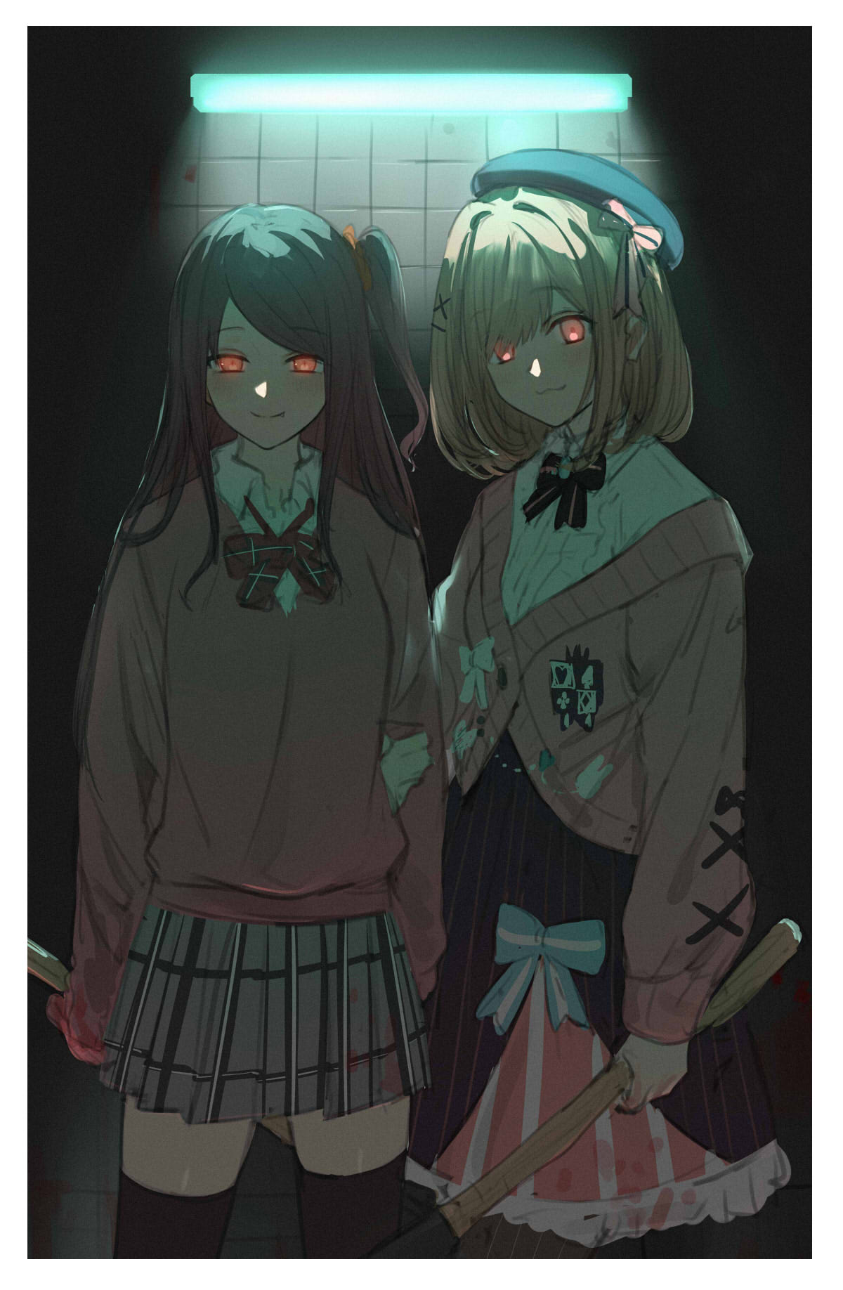 2girls :3 akabane_youko alternate_eye_color asymmetrical_bangs bangs beret black_headwear black_legwear black_skirt blood bloody_clothes bow bowtie breasts brown_hair closed_mouth collared_shirt cowboy_shot eyebrows_visible_through_hair fang glowing glowing_eyes grey_skirt hair_bow hair_ornament hat highres holding holding_weapon isshiki_(ffmania7) light locked_arms long_hair looking_at_viewer medium_breasts medium_hair miniskirt multiple_girls nijisanji one_side_up parted_bangs pink_sweater plaid plaid_skirt red_eyes red_neckwear scrunchie shirt side-by-side skirt smile striped suzuhara_lulu sweater thighhighs tile_wall tiles vertical-striped_skirt vertical_stripes virtual_youtuber weapon white_shirt wing_collar x_hair_ornament zettai_ryouiki