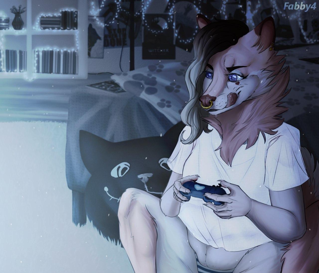 &lt;3 5_fingers anthro bed bedding bedroom belly blanket blue_eyes book bookshelf bra brown_hair canid canine canis carpet charlotte_genevieve claws clothed clothing comic_book complicated_background controller dark digital_drawing_(artwork) digital_media_(artwork) domestic_dog fabbycat facial_piercing fairy_lights female fingers fluffy fluffy_tail focusing fur furniture gaming hair highlights_(coloring) houseplant humanoid_hands inside lamp light lighting lights long_hair loose_shirt loungewear mammal marvel navel neck_tuft night nordic_sled_dog nose_piercing nose_ring piercing pillow pink_body pink_fur plant poster samoyed shaded shirt sitting slightly_chubby smile solo spitz spread_legs spreading tongue tongue_out topwear tuft underwear video_games