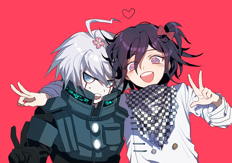 2boys ahoge android black_hair blue_eyes bow checkered commentary_request danganronpa double_v flower hair_bow hair_flower hair_ornament heart keebo looking_at_viewer male_focus multiple_boys new_danganronpa_v3 open_mouth ouma_kokichi pink_background power_armor protected_link purple_eyes scarf short_hair silver_hair simple_background smile straitjacket upper_body v white_skin zuizi