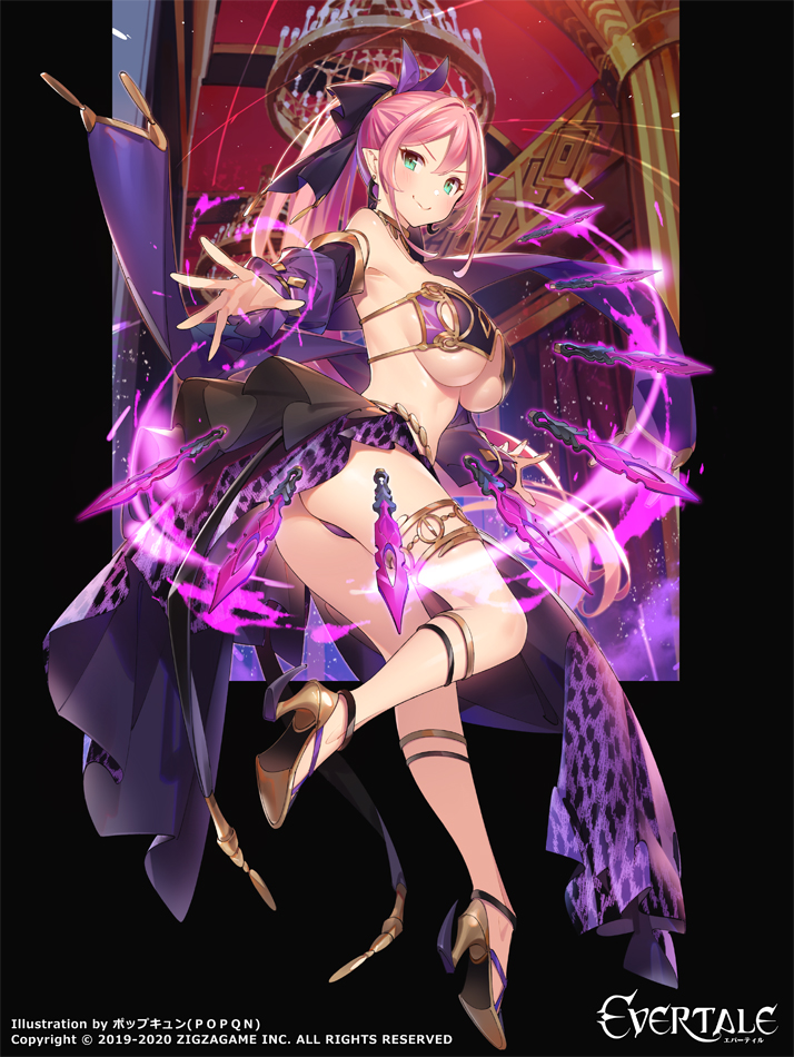 1girl ass breasts dagger dancer elf evertale green_eyes high_heels large_breasts long_hair official_art original panties pink_hair pointy_ears ponytail popqn revealing_clothes smile thighs thong underwear weapon