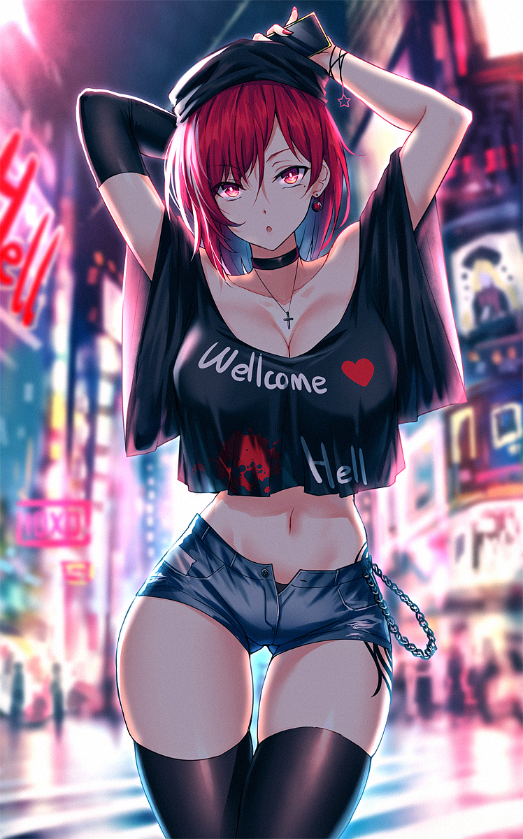 1girl :o arms_up bare_shoulders black_choker black_headwear black_legwear blue_shorts breasts chain choker cleavage clothes_writing cross cross_necklace earrings hat head_tilt hecatia_lapislazuli highres jewelry koissa large_breasts looking_at_viewer midriff navel necklace off-shoulder_shirt off_shoulder open_fly red_eyes red_hair shirt short_shorts shorts solo t-shirt tattoo thigh_gap thighhighs touhou wide_sleeves