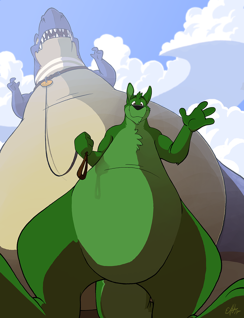 3_fingers 4_fingers anthro belly big_belly blue_body blue_scales blue_sky cloud collar dinosaur duncan_roo duo fingers fur green_body green_fur hi_res hyper hyper_belly kangaroo larger_pet leash looking_at_viewer looking_down low-angle_view macro macroceli macroceli_(artist) macropod male mammal marsupial name_tag nude pet reptile scales scalie size_difference sky small_dom_big_sub standing theropod tyrannosaurid tyrannosaurus tyrannosaurus_rex wave white_body worm's-eye_view