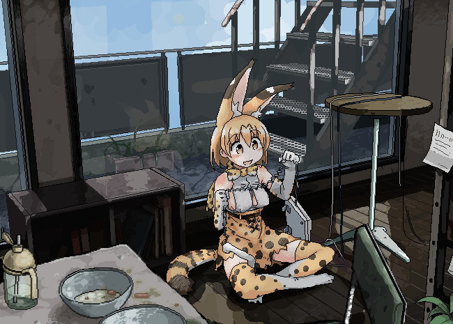 1girl animal_ears animal_print blonde_hair bow bowl bowtie center_opening chair commentary day dirty extra_ears full_body gloves high-waist_skirt holding i_love_serval indoors kemono_friends looking_at_object oekaki open_mouth phone print_bow print_gloves print_neckwear print_skirt railing serval_(kemono_friends) serval_ears serval_print serval_tail shirt sitting skirt sleeveless sleeveless_shirt smile solo stairs table tail thighhighs window yellow_eyes zettai_ryouiki