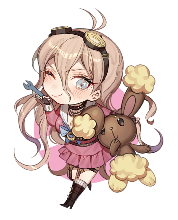 1girl ;) antenna_hair bangs blonde_hair blue_eyes blush boots breasts buneary chibi choker cleavage commentary_request danganronpa fingerless_gloves full_body gen_4_pokemon gloves goggles goggles_on_head holding iruma_miu jewelry long_hair long_sleeves looking_at_viewer necklace new_danganronpa_v3 o-ring one_eye_closed pink_skirt pleated_skirt pokemon school_uniform serafuku skirt smile standing very_long_hair white_background zuizi