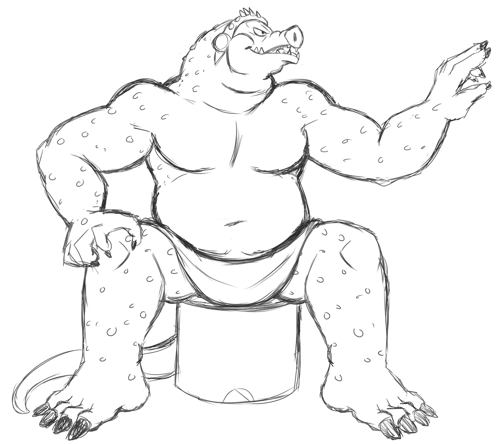 anthro bath black_and_white furniture male monochrome musclegut navel open_mouth overweight overweight_anthro overweight_male reptile scalie simple_background sitting solo stool teeth_showing thegreatmatsutzu towel white_background