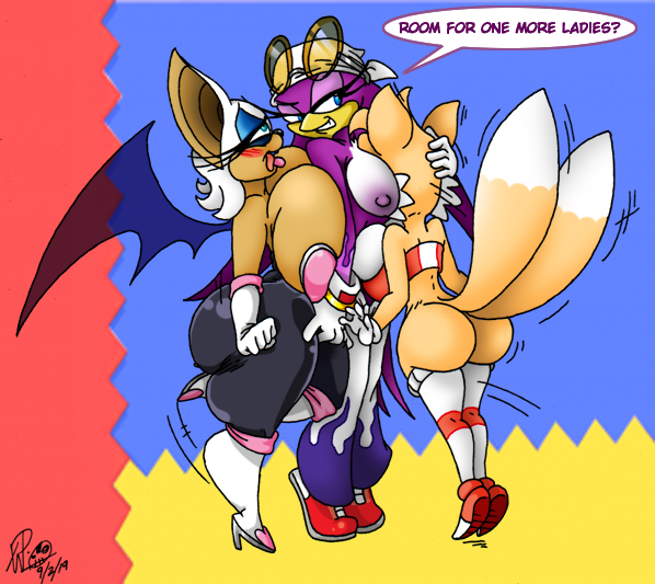 anthro big_breasts breasts butt crossgender face_in_breasts female female/female group huge_breasts miles_prower nipples rouge_the_bat sonic_riders sonic_the_hedgehog_(series) wave_the_swallow xanderdwulfe