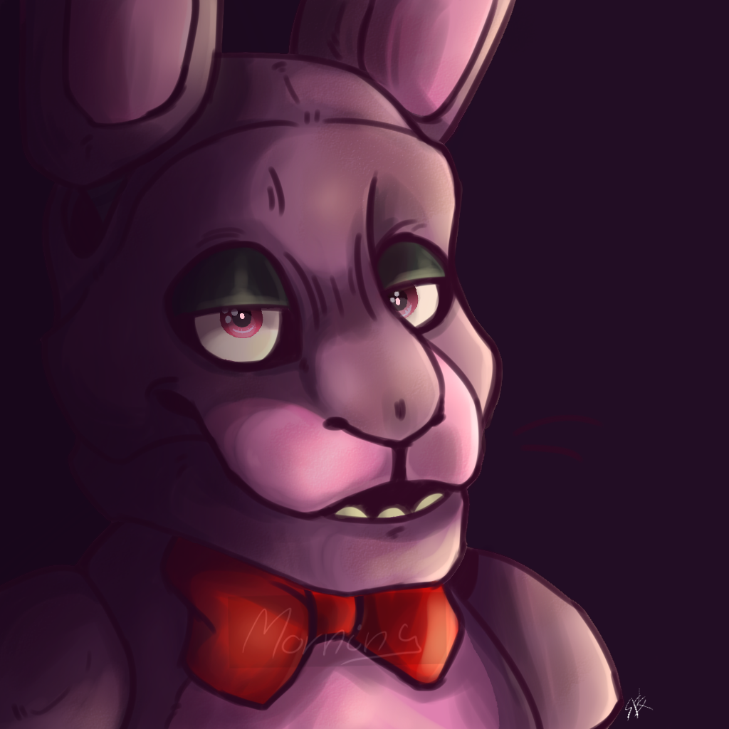 1:1 2020 animatronic anthro bonnie_(fnaf) bow_tie five_nights_at_freddy's half-closed_eyes itsjustpurple lagomorph leporid looking_at_viewer machine male mammal narrowed_eyes open_mouth purple_background purple_body purple_eyes rabbit red_bow_tie ribbons robot signature simple_background solo teeth video_games whiskers white_sclerea