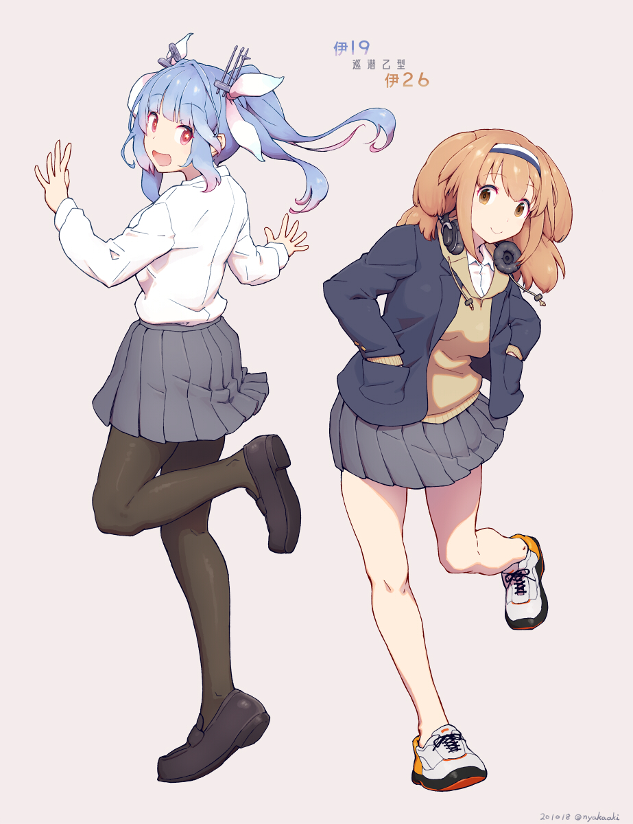 2girls alternate_costume black_footwear blazer blue_hair blue_jacket brown_eyes dress_shirt full_body grey_background grey_skirt hair_ribbon hairband hands_in_pockets headphones headphones_around_neck highres i-19_(kantai_collection) i-26_(kantai_collection) jacket kantai_collection light_brown_hair long_hair looking_at_viewer multiple_girls nakaaki_masashi pleated_skirt red_eyes ribbon school_uniform shirt shoes simple_background skirt sneakers standing sweater_vest tri_tails twitter_username two-tone_hairband two_side_up white_shirt