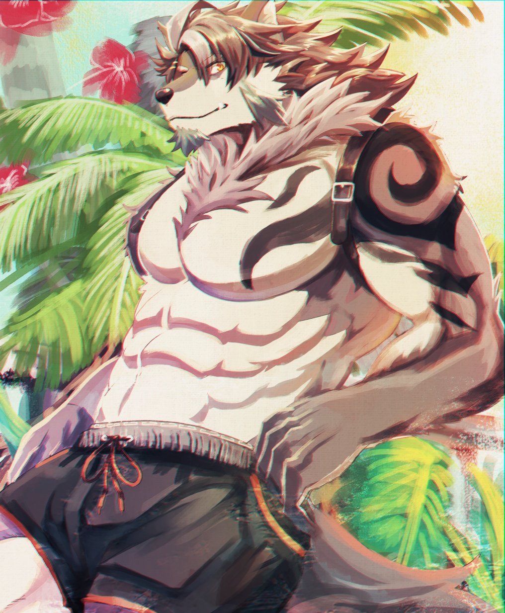 abasirisippo abs anthro black_bottomwear black_clothing bottomwear canid canine canis clothed clothing fangs flower fur grey_body grey_fur grey_hair hair hi_res leaf leaning leaning_back looking_at_viewer male mammal muscular muscular_anthro muscular_male plant solo tattoo temujin tokyo_afterschool_summoners topless video_games wolf yellow_eyes