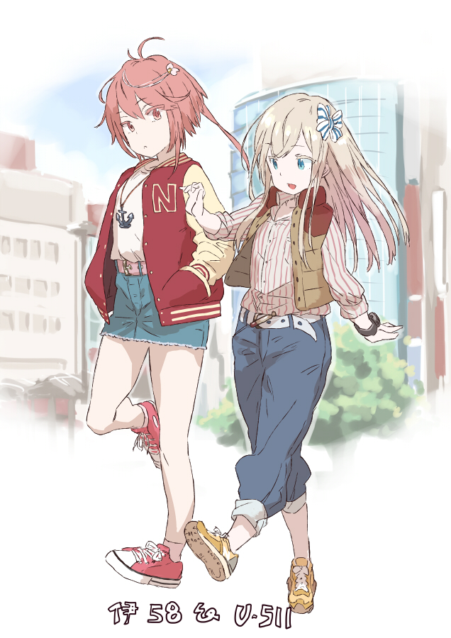 2girls alternate_costume anchor_necklace bangs belt blonde_hair blue_eyes character_name city closed_mouth denim denim_skirt hair_ornament hair_ribbon hands_in_pockets i-58_(kantai_collection) jacket jewelry kantai_collection leg_up long_hair matsutani multiple_girls necklace open_mouth outdoors pants pink_eyes pink_hair red_footwear ribbon shirt shoes short_hair skirt sneakers striped striped_shirt u-511_(kantai_collection) vest walking watch wristwatch yellow_footwear