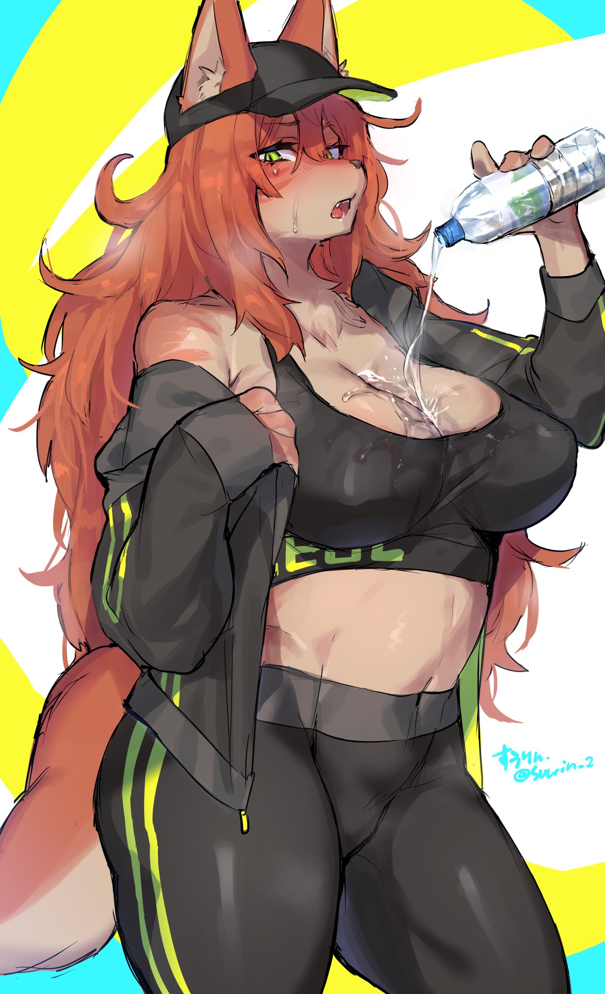 anthro big_breasts bodily_fluids bottle bottled_water bra breasts canid canine cleavage clothed clothing female fox green_eyes hair hat headgear headwear hi_res jacket kemono ksyaro long_hair looking_at_viewer mammal open_mouth orange_hair pouring_on_breasts pouring_onto_self simple_background solo sports_bra sportswear sweat topwear underwear wet wet_clothing yoga_pants