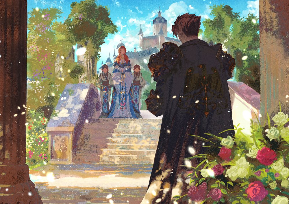 1boy 3girls armor blue_sky brown_hair building cape chinese_commentary cloud cloudy_sky commentary_request day dress flower from_behind iketsumi multiple_girls orange_hair original outdoors pink_flower plant pointy_ears rose shoulder_armor sky stairs standing tree white_flower