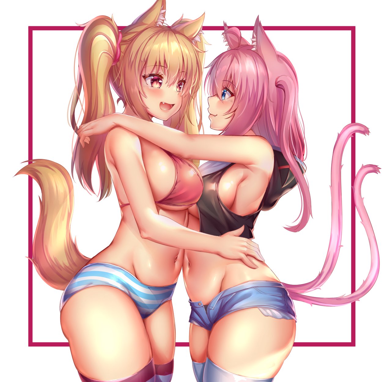 2girls ahoge animal_ear_fluff animal_ears bangs bikini bikini_top blonde_hair blue_eyes blush breasts cat_ears cat_tail collaboration cowboy_shot cutoffs denim denim_shorts exposed_pocket eyebrows_visible_through_hair fang hair_between_eyes hand_on_another's_hip highres hug kaptivate large_breasts long_hair looking_at_another medium_breasts micro_shorts multiple_girls multiple_tails navel nekomia_(kaptivate) nottytiffy open_mouth original pink_hair red_eyes short_shorts shorts slit_pupils smile swimsuit tail tank_top thighhighs tiffy_(nottytiffy) towel twintails two_tails
