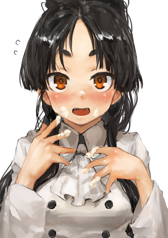 1girl alternate_costume black_hair blush breasts brown_eyes cravat cream cream_on_face flying_sweatdrops food food_on_face high_ponytail kantai_collection long_hair long_sleeves nisshin_(kantai_collection) open_mouth ponytail short_eyebrows simple_background solo toka_(marchlizard) upper_body whipped_cream white_background