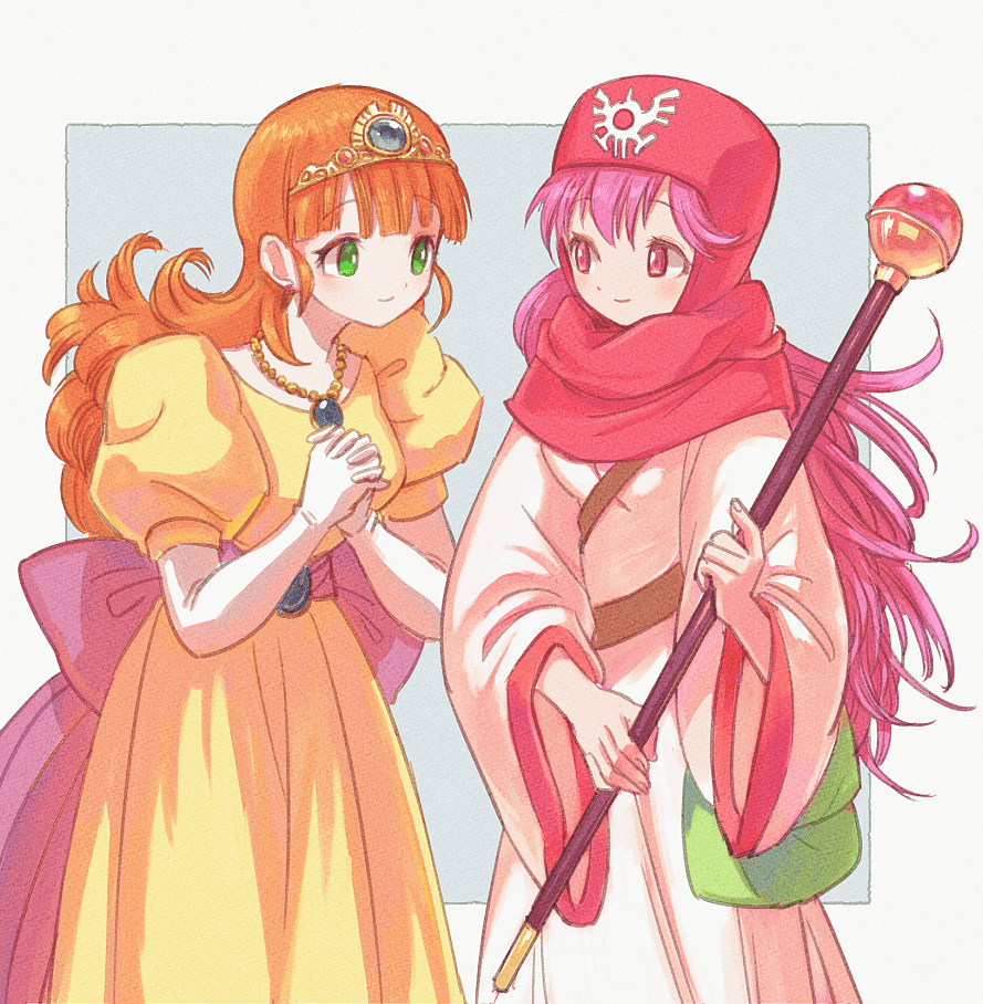 2girls bag dragon_quest dragon_quest_ii dress fantasy green_eyes hands_together jewelry long_hair multiple_girls necklace orange_hair pink_hair princess_laura princess_of_moonbrook puffy_short_sleeves puffy_sleeves robe satchel short_sleeves simple_background staff tiara wide_sleeves yuza